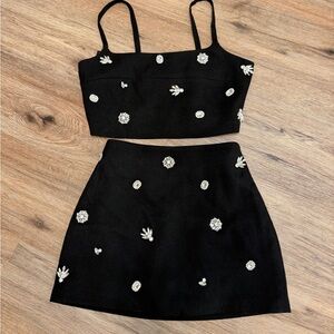 Maje Black Floral Embellished Skirt Set